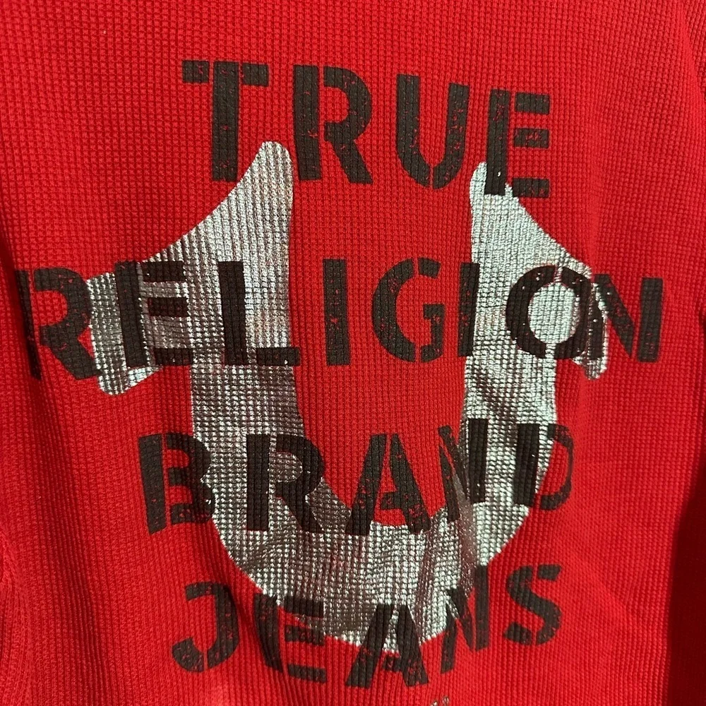True Religion Shirt Mens Lg Red Dahlia Long Sleeve Rib Henley Waffle Logo EUC